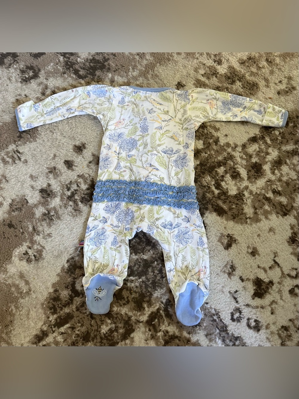 Magnetic Me Floral Ruffle Footed One-Piece — Blue and Cream